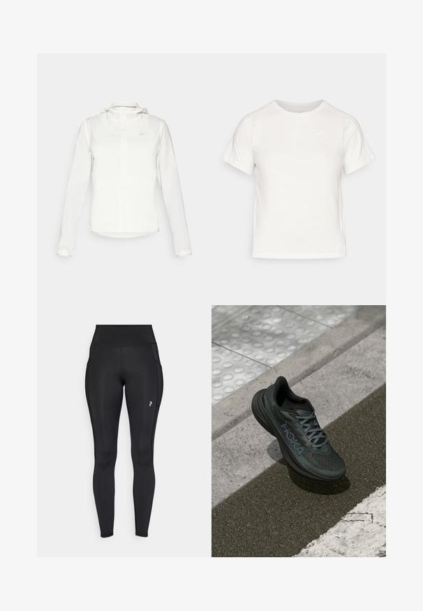 Giacca Nike bianca con cappuccio, zip completa, polsini elasticizzati e un logo discreto sul petto. Texture liscia e design leggero.; T-shirt bianca leggera con maniche corte, collo rotondo e un piccolo logo nell'angolo in alto a sinistra. Tessuto morbido con una leggera lucentezza.; Leggings neri a tutta lunghezza realizzati in materiale elastico, dotati di vita alta, tasche laterali e un piccolo logo sulla coscia sinistra.; Scarpa da corsa nera con tomaia in rete, accenti testurizzati e logo, dotata di suola ammortizzata e lacci grigi, posizionata su una pavimentazione.