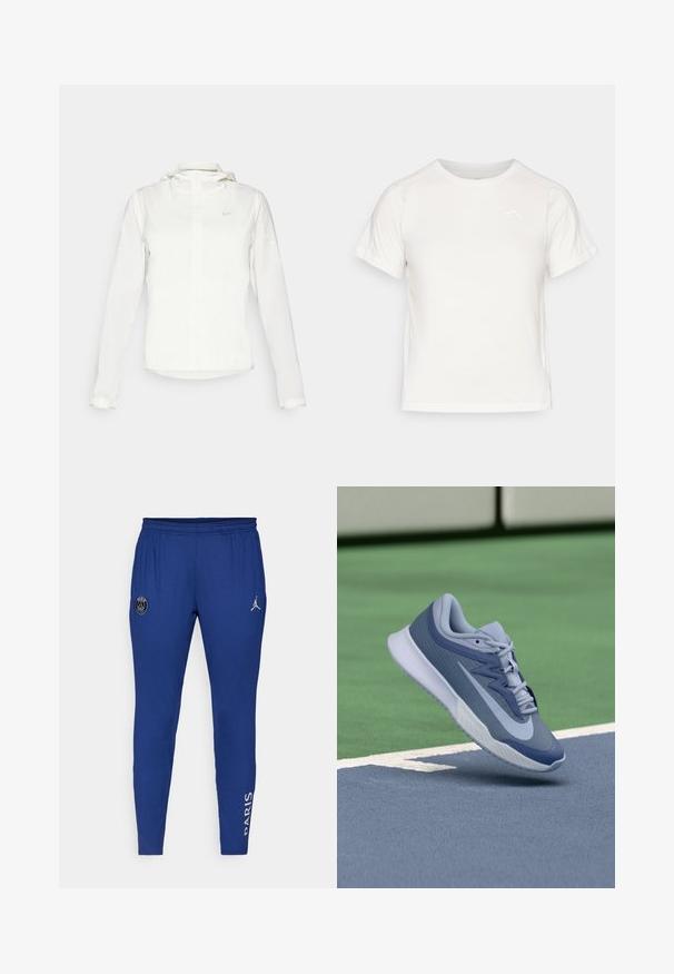 Balta Nike striukė su gobtuvu, pilnu užtrauktuku, elastingomis rankovėmis ir subtiliu logotipu ant krūtinės. Sklandi tekstūra ir lengvas dizainas.; Lengvas baltas marškinėliai trumpomis rankovėmis, apvaliu kaklu ir maža logo viršutiniame kairiajame kampe. Lygus audinys su subtiliu blizgesiu.; Mėlynos sportinės kelnės su elastinga juosmena, šone turi apvalų logotipą ir baltą užrašą "PARIS". Pagamintos iš lengvos medžiagos.; Sportiniai batai šviesiai mėlynos ir tamsiai mėlynos spalvos, su tekstūruota viršutine dalimi, plokščiomis raišteliais ir lengva balta padu. Pakelti virš aikštelės paviršiaus.