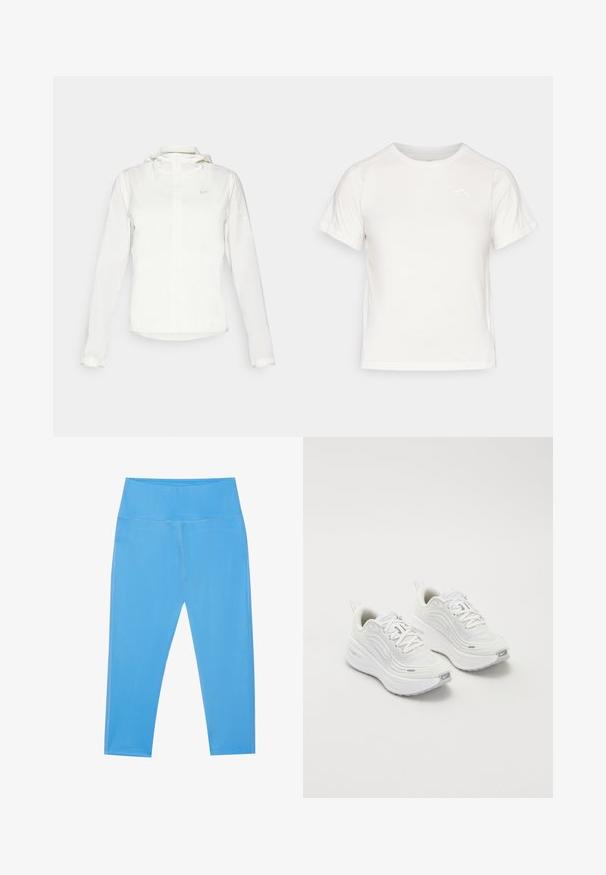Weiße Nike-Jacke mit Kapuze, durchgehendem Reißverschluss, elastischen Bündchen und einem dezenten Logo auf der Brust. Glatte Textur und leichtes Design.; Leichtes weißes T-Shirt mit kurzen Ärmeln, Rundhalsausschnitt und einem kleinen Logo in der oberen linken Ecke. Glatte Stoffoberfläche mit leichtem Glanz.; Blaue dehnbare Leggings mit hoher Taille, glatter Textur, Knöchellänge und subtilen Nähdetails an den Seiten.; Weiße Sportschuhe mit einem strukturierten Mesh-Obermaterial, gepolsterter Sohle und dezenten grauen Akzenten. Enthält Branding und eine Schlaufe an der Ferse für einfaches Anziehen.