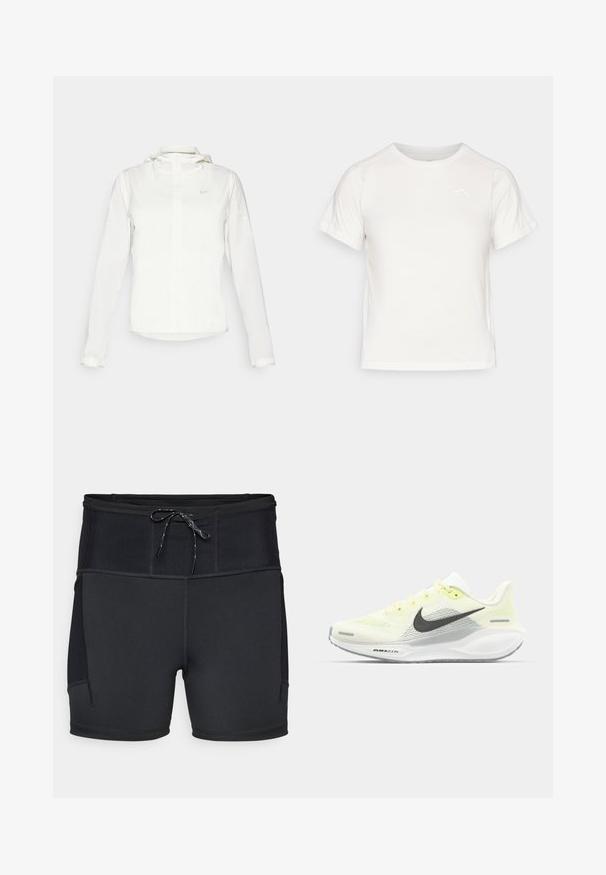 Veste blanche Nike avec capuche, fermeture éclair intégrale, poignets élastiques et un logo discret sur la poitrine. Texture lisse et design léger.; T-shirt léger blanc à manches courtes, col rond et avec un petit logo dans le coin supérieur gauche. Tissu lisse avec un léger éclat.; Shorts de sport noirs avec taille haute, panneau supérieur texturé et cordon de serrage. Dotés de coutures flatlock et de poches latérales.; Baskets de course Nike avec une tige en mesh jaune clair et blanche, des accents gris et une semelle en caoutchouc flexible. Présentent un système de laçage.