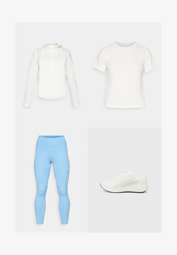 Witte Nike-jack met een capuchon, volledige rits, elastische manchetten en een subtiele logo op de borst. Gladde textuur en lichtgewicht ontwerp.; Lichtgewicht wit T-shirt met korte mouwen, ronde hals en een klein logo in de linkerbovenhoek. Glad stof met een subtiele glans.; Lichtblauwe leggings van rekbaar materiaal. Beschikt over een hoge tailleband, een soepele textuur en gebogen naden langs de benen.; Nike Performance DOWNSHIFTER 13 - Hardloopschoenen voor op de weg - sail/silver-coloured photon dust/summit white/barely volt/black