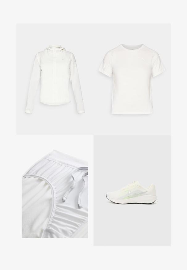 Valge Nike jakker, millel on kapuuts, täispikk tõmblukk, elastsed mansetid ja diskreetne logo rinnal. Sile tekstuur ja kerge disain.; Kerge valge T-särk lühikeste varrukatega, ümmarguse kaelusega ja väikese logoga vasakus ülanurgas. Sile kangas, millel on õrn läige.; Valged sportlikud lühikesed püksid tekstureeritud vööosaga, kogutud külgedetailidega ja lameda tõmblukuga. Pehme kangas siledast viimistlusest.; Nike Performance DOWNSHIFTER 13 - Maanteejooksu jalatsid - sail/silver-coloured photon dust/summit white/barely volt/black