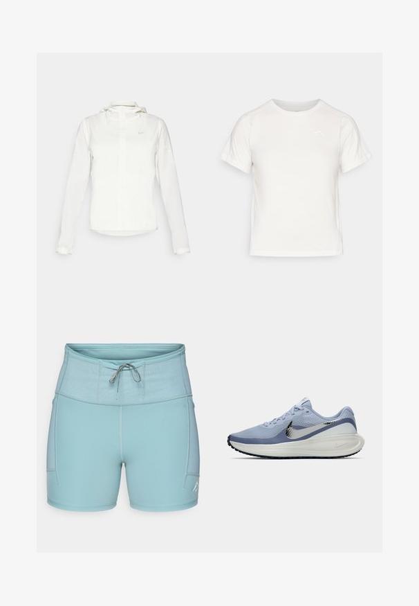 White Nike jacket with a hood, full zip, elastic cuffs, and a subtle logo on the chest. Smooth texture and lightweight design.; Lightweight white T-shirt with short sleeves, round neck, and a small logo in the upper left corner. Smooth fabric with a subtle sheen.; Light blue athletic shorts with a wide elastic waistband, drawstring, and side pockets. Smooth fabric with flatlock seams for comfort.; Light blue and white Nike running shoe with silver swoosh, breathable mesh upper, cushioned sole, and black outsole tread.