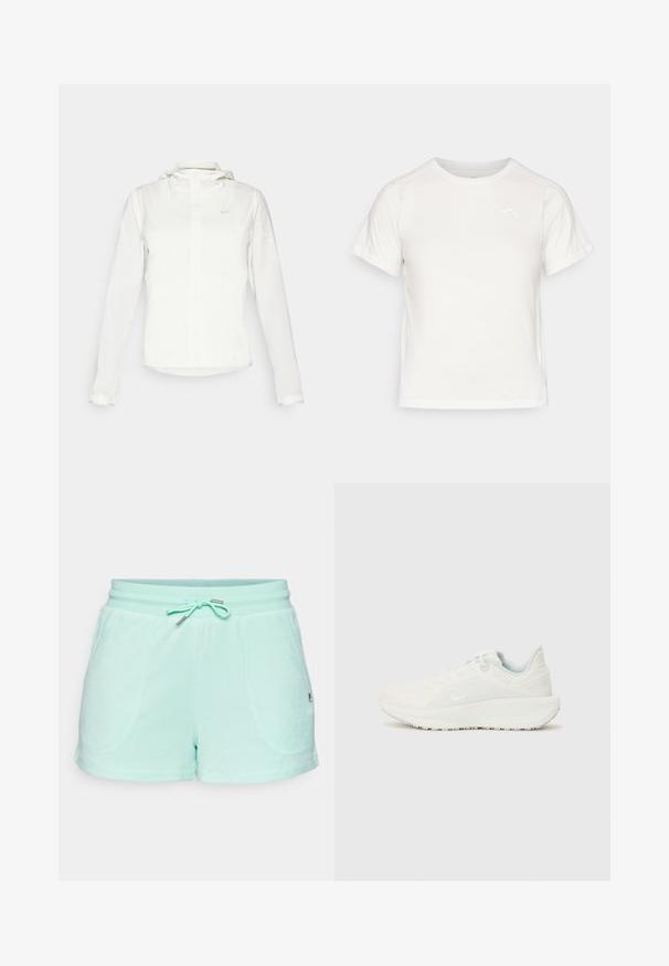 Valkoinen Nike-takki hupulla, täyspitkällä vetoketjulla, joustavilla hihansuilla ja hillityllä logolla rinnassa. Sujuva pinta ja kevyt muotoilu.; Kevyt valkoinen T-paita lyhythihaisilla, pyöreällä kaula-aukolla ja pienellä logolla vasemmassa yläkulmassa. Sujuva kangas, jossa on hienovarainen kiilto.; Vihreät mintun väriset shortsit, jotka on valmistettu pehmeästä materiaalista. Niissä on nyöri vyötäröllä, kaksi sivutaskua ja hienovaraiset ompeluyksityiskohdat.; Valkoiset urheilusukat, joissa on teksturoidut päälliset, pehmustettu nilkkaosa ja nauhakiinnitys. Ominaisuuksiin kuuluu kaareva ulkopohja ja hillitty brändäys sivulla.