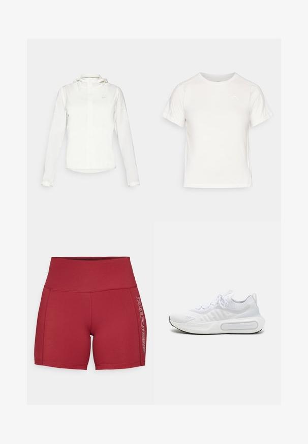 Valkoinen Nike-takki hupulla, täyspitkällä vetoketjulla, joustavilla hihansuilla ja hillityllä logolla rinnassa. Sujuva pinta ja kevyt muotoilu.; Kevyt valkoinen T-paita lyhythihaisilla, pyöreällä kaula-aukolla ja pienellä logolla vasemmassa yläkulmassa. Sujuva kangas, jossa on hienovarainen kiilto.; Punaiset urheilushortsit, jotka on valmistettu elastisesta kankaasta ja joissa on korkea vyötärö. Varustettu valkoisella painetulla logolla ja sivuaksoilla. Liukas rakenne ja istuva design.; Valkoinen urheilukenkä, jossa on teksturoitu neulepinta, nauhakiinnitys, pehmustettu pohja ja erottuva brändityyli sivussa.