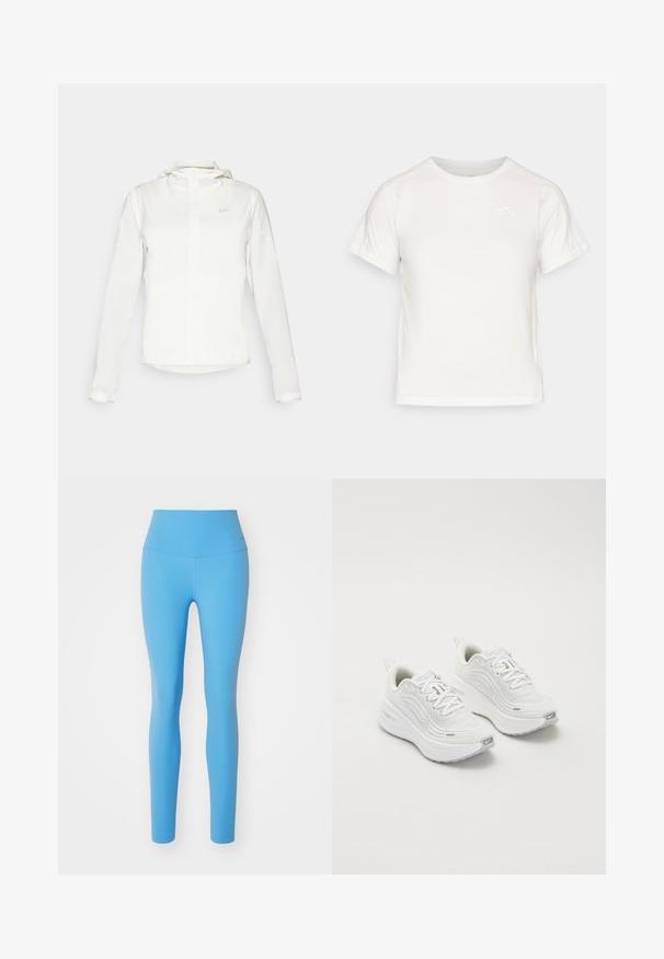 Chaqueta blanca de Nike con capucha, cremallera completa, puños elásticos y un logo sutil en el pecho. Textura suave y diseño ligero.; Camiseta blanca ligera con mangas cortas, cuello redondo y un pequeño logo en la esquina superior izquierda. Tejido suave con un sutil brillo.; Nike Performance ZENVY HR 7/8 - Leggings - university blue; Zapatillas deportivas blancas con parte superior de malla texturizada, suela acolchada y sutiles acentos grises. Incluye un logotipo y una pestaña en el talón para facilitar su uso.