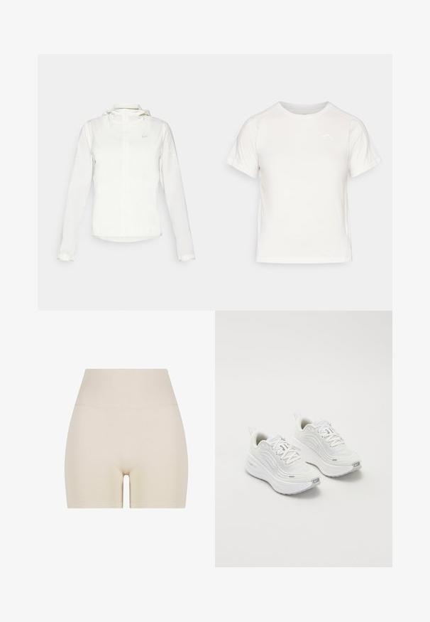 Biała kurtka Nike z kapturem, na zamek błyskawiczny, elastyczne mankiety i subtelne logo na piersi. Gładka tekstura i lekka konstrukcja.; Lekka biała koszulka z krótkim rękawem, okrągłym dekoltem i małym logo w lewym górnym rogu. Gładki materiał o subtelnej połysku.; Beżowe szorty o gładkiej fakturze, wysokim ściągaczu i elastycznym dopasowaniu, o długości do połowy uda i bez widocznych wzorów.; Białe buty sportowe z teksturowaną siateczką u góry, amortyzowana podeszwa i subtelne szare akcenty. Zawierają logo i pętlę z tyłu dla łatwego zakładania.