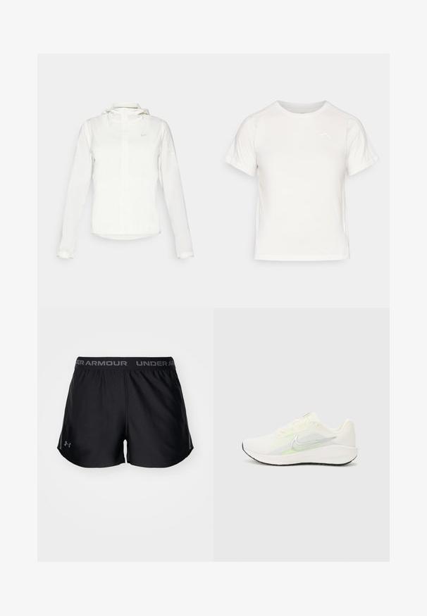 Witte Nike-jack met een capuchon, volledige rits, elastische manchetten en een subtiele logo op de borst. Gladde textuur en lichtgewicht ontwerp.; Lichtgewicht wit T-shirt met korte mouwen, ronde hals en een klein logo in de linkerbovenhoek. Glad stof met een subtiele glans.; Zwarte sportshorts van een zachte, lichte stof met een brede elastische tailleband waarop het logo "UNDER ARMOUR" in grijs staat. De shorts hebben zijknopen voor extra bewegingsvrijheid.; Nike Performance DOWNSHIFTER 13 - Hardloopschoenen voor op de weg - sail/silver-coloured photon dust/summit white/barely volt/black
