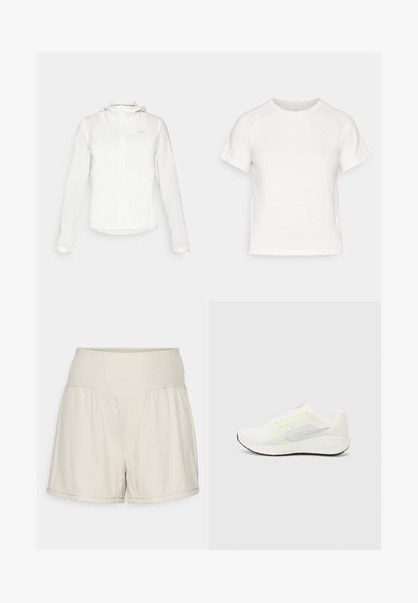Vit Nike-jacka med huva, hel dragkedja, elastiska ärmslutar och en diskret logotyp på bröstet. Slät textur och lätt design.; Lätt vit T-shirt med korta ärmar, rund hals och en liten logotyp i det övre vänstra hörnet. Slät tyg med en subtil lyster.; Ljust beige shorts med en strukturerad ribbad midja, flytande design och avslappnad passform. Har sydda fållar och sidoklipp för flexibilitet.; Nike Performance DOWNSHIFTER 13 - Väglöparskor - sail/silver-coloured photon dust/summit white/barely volt/black