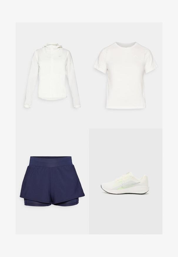 Valge Nike jakker, millel on kapuuts, täispikk tõmblukk, elastsed mansetid ja diskreetne logo rinnal. Sile tekstuur ja kerge disain.; Kerge valge T-särk lühikeste varrukatega, ümmarguse kaelusega ja väikese logoga vasakus ülanurgas. Sile kangas, millel on õrn läige.; Tumes sinise värvi spordilühikesed püksid, millel on kõrge vöökoht, kihiline disain ja sile tekstuur. Mitteväline vooder on istuv, et tagada lisamugavus.; Nike Performance DOWNSHIFTER 13 - Maanteejooksu jalatsid - sail/silver-coloured photon dust/summit white/barely volt/black