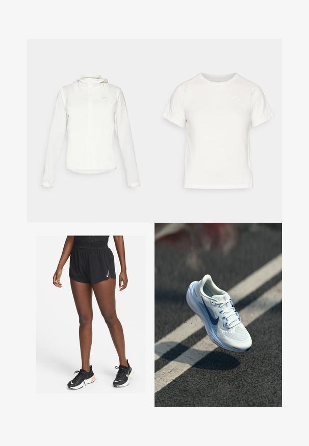 Bijela Nike jakna s kapuljačom, punim zatvaračem, elastičnim manžetama i suptilnim logotipom na prsima. Glatka textura i lagan dizajn.; Lagani bijeli T-shirt s kratkim rukavima, okruglim izrezom i malim logotipom u gornjem lijevom kutu. Glatka tkanina s suptilnim sjajem.; Crne sportske kratke hlače s nabraniim pojasom i bočnim prorezima, izrađene od laganog materijala, uparene s crnim tenisicama za trčanje s bijelim svuškom.; Bijela atletska tenisica s prozračnom mrežicom i plavim detaljima. Ima podloženi potplat i ravne vezice. Srednji dio potplata prikazuje oznaku "Air Zoom".