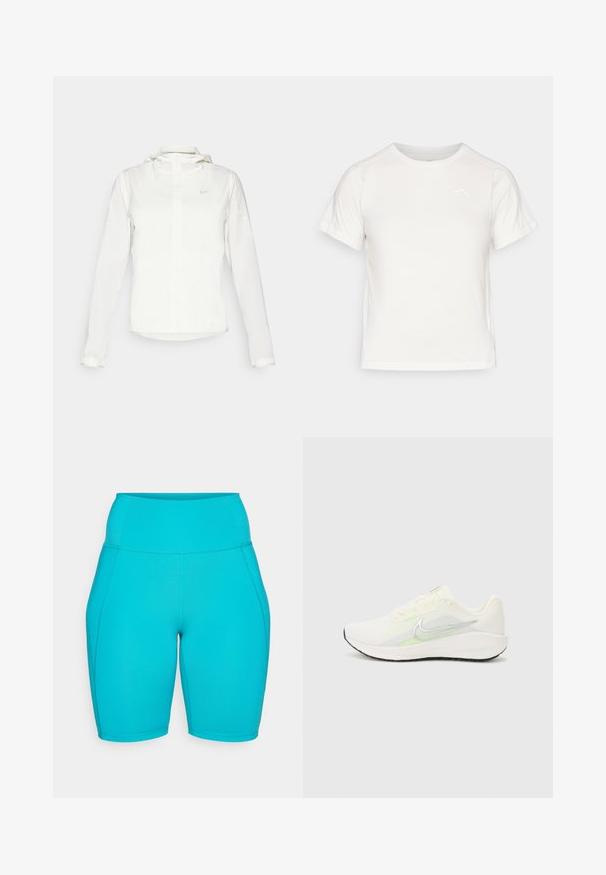 Balta Nike jaka ar kapuci, pilna rāvējslēdzēja, elastīgām piedurknēm un diskrētu logotipu uz krūšu daļas. Gluda tekstūra un viegla konstrukcija.; Viegls balts T-krekls ar īsām piedurknēm, apaļu kaklu un mazu logo augšējā kreisajā stūrī. Gluda auduma faktūra ar maigu spīdumu.; Akvamarīna krāsa augstās jostas vietas riteņbraukšanas šorti ar gludu, elastīgu audumu, ar sānu šuvēm un pieguļošu dizainu komfortam un elastībai.; Nike Performance DOWNSHIFTER 13 - Apavi skriešanai pa asfaltu - sail/silver-coloured photon dust/summit white/barely volt/black