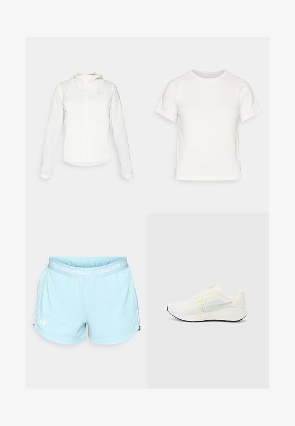 Witte Nike-jack met een capuchon, volledige rits, elastische manchetten en een subtiele logo op de borst. Gladde textuur en lichtgewicht ontwerp.; Lichtgewicht wit T-shirt met korte mouwen, ronde hals en een klein logo in de linkerbovenhoek. Glad stof met een subtiele glans.; Lichtblauwe sportshorts met een elastische tailleband, voorzien van een wit 'UNDER ARMOUR' logo en subtiele zijsplitten aan de zoom.; Nike Performance DOWNSHIFTER 13 - Hardloopschoenen voor op de weg - sail/silver-coloured photon dust/summit white/barely volt/black