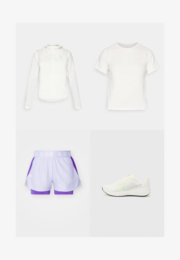 Balta Nike striukė su gobtuvu, pilnu užtrauktuku, elastingomis rankovėmis ir subtiliu logotipu ant krūtinės. Sklandi tekstūra ir lengvas dizainas.; Lengvas baltas marškinėliai trumpomis rankovėmis, apvaliu kaklu ir maža logo viršutiniame kairiajame kampe. Lygus audinys su subtiliu blizgesiu.; Under Armour PLAY UP SHORTS - Sportiniai šortai - salt purple/lavish/white; Nike Performance DOWNSHIFTER 13 - Bėgimo batai plentui - sail/silver-coloured photon dust/summit white/barely volt/black