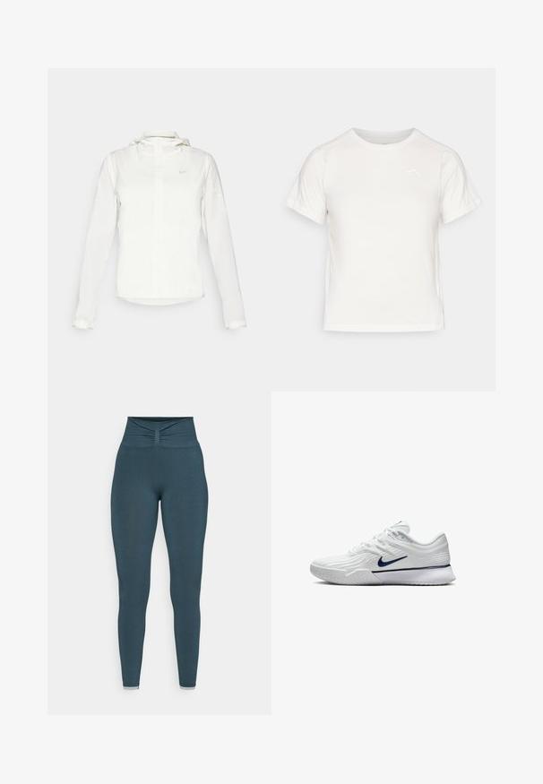 Veste blanche Nike avec capuche, fermeture éclair intégrale, poignets élastiques et un logo discret sur la poitrine. Texture lisse et design léger.; T-shirt léger blanc à manches courtes, col rond et avec un petit logo dans le coin supérieur gauche. Tissu lisse avec un léger éclat.; Leggings taille haute d'une couleur bleu-vert foncé, avec un détail froncé au niveau de la taille et une texture lisse sur toute la jambe. Sans motifs ni accents.; Baskets de sport blanches avec une tige en maille texturée, des accents bleu marine et une semelle rembourrée avec un grip à motifs. Lacets intégrés au design.