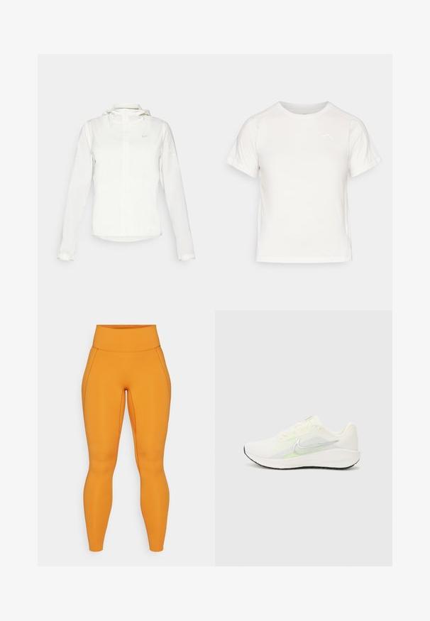 White Nike jacket with a hood, full zip, elastic cuffs, and a subtle logo on the chest. Smooth texture and lightweight design.; Lightweight white T-shirt with short sleeves, round neck, and a small logo in the upper left corner. Smooth fabric with a subtle sheen.; Orange high-waisted leggings with a smooth, stretchy texture, featuring seam detailing along the sides for added design.; Nike Performance DOWNSHIFTER 13 - Road running shoes - sail/silver-coloured photon dust/summit white/barely volt/black