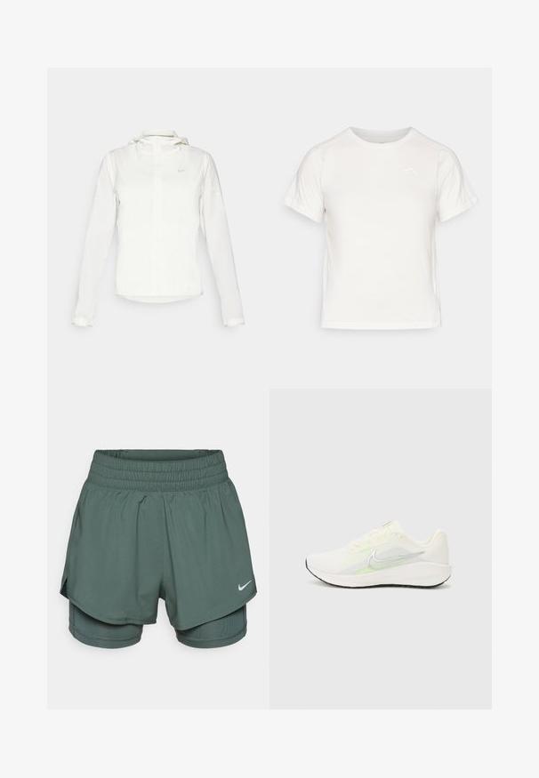 Chaqueta blanca de Nike con capucha, cremallera completa, puños elásticos y un logo sutil en el pecho. Textura suave y diseño ligero.; Camiseta blanca ligera con mangas cortas, cuello redondo y un pequeño logo en la esquina superior izquierda. Tejido suave con un sutil brillo.; Pantalones cortos deportivos verdes con una amplia cinturilla elástica, diseño en capas y pantalones cortos de compresión interiores. Presenta un pequeño logo blanco de Nike.; Nike Performance DOWNSHIFTER 13 - Zapatillas running asfalto - sail/silver-coloured photon dust/summit white/barely volt/black