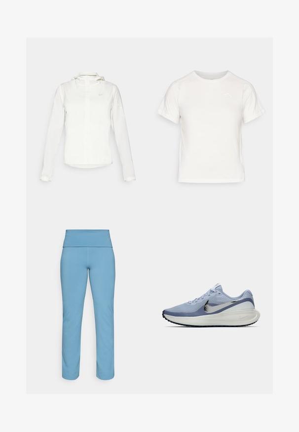 Vit Nike-jacka med huva, hel dragkedja, elastiska ärmslutar och en diskret logotyp på bröstet. Slät textur och lätt design.; Lätt vit T-shirt med korta ärmar, rund hals och en liten logotyp i det övre vänstra hörnet. Slät tyg med en subtil lyster.; Ljusblå leggings med ett högt, slätt midjeband, tillverkade av stretchigt material, med en snygg, rak bendesign utan mönster.; Ljusblå och vit Nike löparskor med silverfärgad swoosh, andningsbart meshövre, dämpad sula och svart yttersula.