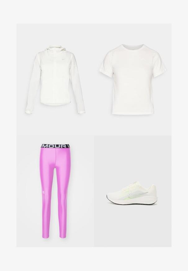 Witte Nike-jack met een capuchon, volledige rits, elastische manchetten en een subtiele logo op de borst. Gladde textuur en lichtgewicht ontwerp.; Lichtgewicht wit T-shirt met korte mouwen, ronde hals en een klein logo in de linkerbovenhoek. Glad stof met een subtiele glans.; Roze sportleggings met een glanzende afwerking, voorzien van een zwarte tailleband met het logo in het wit gedrukt op het onderpaneel van het linkerpoot.; Nike Performance DOWNSHIFTER 13 - Hardloopschoenen voor op de weg - sail/silver-coloured photon dust/summit white/barely volt/black