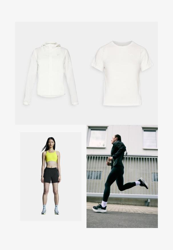 Valge Nike jakker, millel on kapuuts, täispikk tõmblukk, elastsed mansetid ja diskreetne logo rinnal. Sile tekstuur ja kerge disain.; Kerge valge T-särk lühikeste varrukatega, ümmarguse kaelusega ja väikese logoga vasakus ülanurgas. Sile kangas, millel on õrn läige.; Kollane spordipoiss, millel on lühike disain, koos mustade sportlike lühikestega. Sandaalid hallide kingadega, millel on kollased aksendid, ja helesinised sokid.; Must värviline spordijakk neonaktsentidega, mustad retuusid ja mustad jooksujalatsid valgete taldadega, helesinise tausta ees.