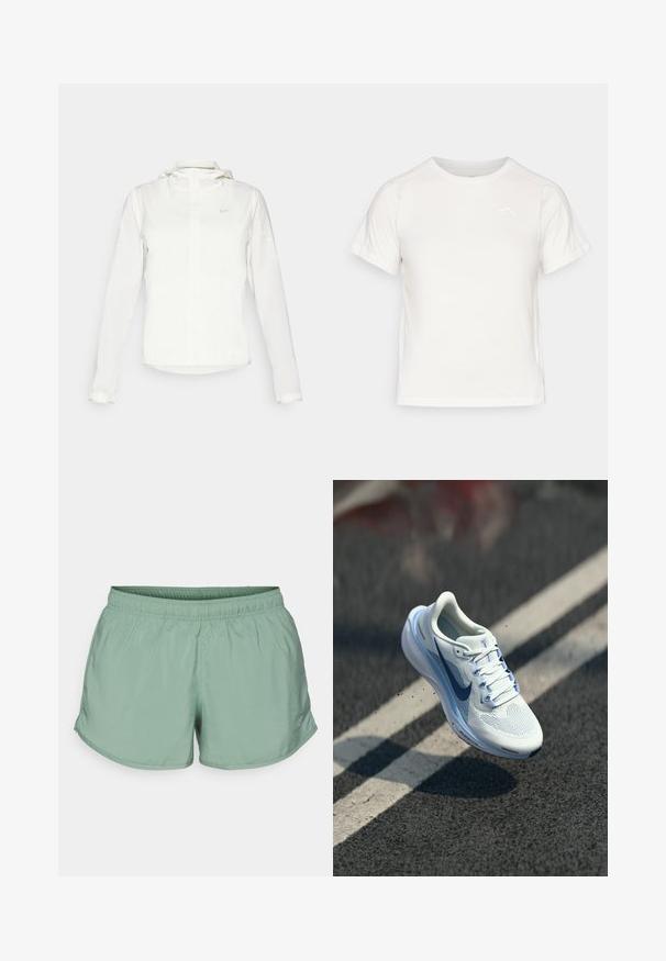 Jachetă albă Nike cu glugă, fermoar pe toată lungimea, manșete elastice și un logo subtil pe piept. Textură netedă și design ușor.; Tricou alb ușor, cu mâneci scurte, guler rotund și un logo mic în colțul din stânga sus. Material neted cu un luciu subtil.; Shorts atletici verde deschis cu talie elastică, tăieturi pe laterale și detalii cu logo în partea de jos din față. Fabricati dintr-un material neted și respirabil.; Adidași albi cu parte superioară din plasă respirabilă și accente albastre. Dispune de o talpă amortizată și sireturi plate. Talpa intermediară prezintă branding-ul "Air Zoom".