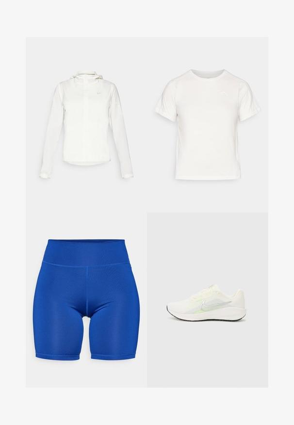 Biela Nike bunda s kapucňou, plným zipsom, elastickými manžetami a jemným logom na hrudi. Hladká textúra a ľahký dizajn.; Ľahké biele tričko s krátkymi rukávmi, okrúhlym výstrihom a malým logom v hornom ľavom rohu. Hladká tkanina s miernym leskom.; ONLY Play ONPJAM JIMBO TRAIN SHORTS - Legíny - surf the web; Nike Performance DOWNSHIFTER 13 - Cestná bežecká obuv - sail/silver-coloured photon dust/summit white/barely volt/black