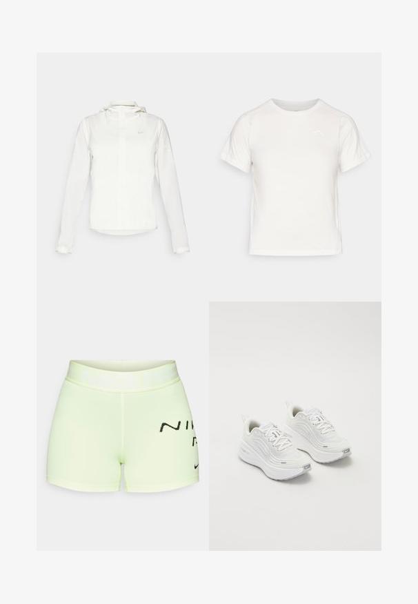 White Nike jacket with a hood, full zip, elastic cuffs, and a subtle logo on the chest. Smooth texture and lightweight design.; Lightweight white T-shirt with short sleeves, round neck, and a small logo in the upper left corner. Smooth fabric with a subtle sheen.; Light green athletic shorts made of stretchy fabric, featuring a wide waistband with "NIKE PRO" text and a black logo accent.; White athletic shoes with a textured mesh upper, cushioned sole, and subtle grey accents. Includes branding and looped heel tab for easy wear.