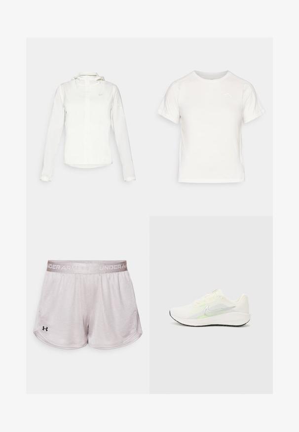 Balta Nike striukė su gobtuvu, pilnu užtrauktuku, elastingomis rankovėmis ir subtiliu logotipu ant krūtinės. Sklandi tekstūra ir lengvas dizainas.; Lengvas baltas marškinėliai trumpomis rankovėmis, apvaliu kaklu ir maža logo viršutiniame kairiajame kampe. Lygus audinys su subtiliu blizgesiu.; Šviesiai pilki sportiniai šortai su tekstūruotu audiniu, elastinga juosta, ant kurios parašyta "UNDER ARMOUR", ir juodas logotipas apatinėje kairėje pusėje.; Nike Performance DOWNSHIFTER 13 - Bėgimo batai plentui - sail/silver-coloured photon dust/summit white/barely volt/black