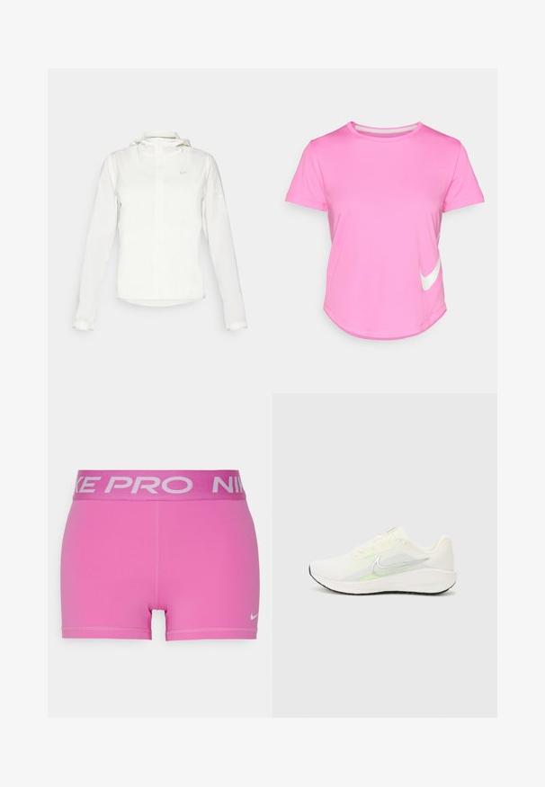 White Nike jacket with a hood, full zip, elastic cuffs, and a subtle logo on the chest. Smooth texture and lightweight design.; Pink Nike t-shirt with short sleeves, rounded neckline, smooth texture, featuring a white logo on the lower left side and curved hem.; Pink athletic shorts with a wide gray Nike Pro waistband. Made of smooth, stretchy material with flat seams and a small Nike logo.; Nike Performance DOWNSHIFTER 13 - Road running shoes - sail/silver-coloured photon dust/summit white/barely volt/black