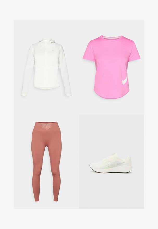 Giacca Nike bianca con cappuccio, zip completa, polsini elasticizzati e un logo discreto sul petto. Texture liscia e design leggero.; T-shirt rosa Nike con maniche corte, scollatura tonda, texture liscia, con un logo bianco sul lato sinistro in basso e orlo curvato.; Yogasearcher KEISHO - Leggings - cedar; Nike Performance DOWNSHIFTER 13 - Scarpe da corsa su strada - sail/silver-coloured photon dust/summit white/barely volt/black