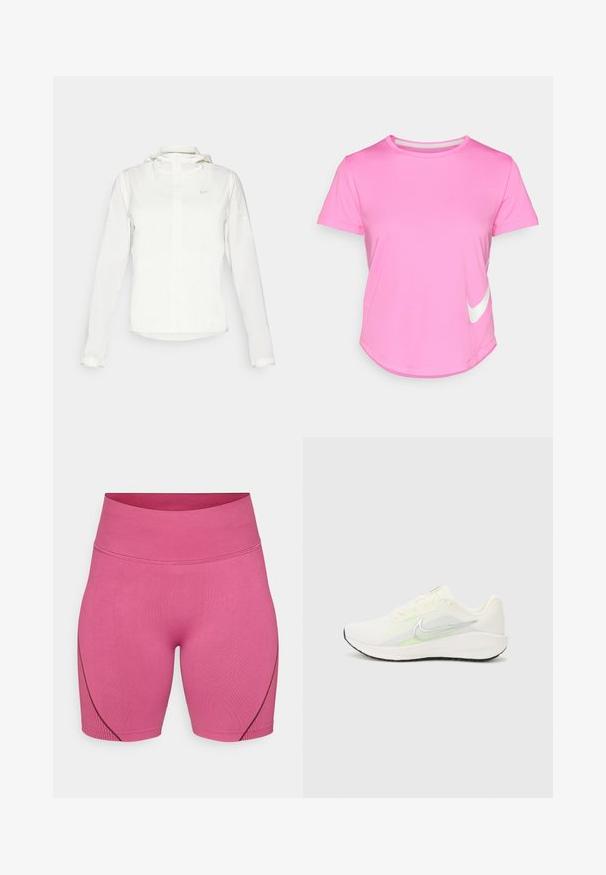 Balta Nike jaka ar kapuci, pilna rāvējslēdzēja, elastīgām piedurknēm un diskrētu logotipu uz krūšu daļas. Gluda tekstūra un viegla konstrukcija.; Rozā Nike T-krekls ar īsām piedurknēm, noapaļota apkakle, gluda tekstūra, ar baltu logo apakšējā kreisajā stūrī un noapaļotu apakšmalu.; Rozā sporta šorti, kas izgatavoti no stiepjamā auduma, ar augstu jostu un maigu ribotu tekstūru, ar kontrastējošām tumšām šuvēm sānos.; Nike Performance DOWNSHIFTER 13 - Apavi skriešanai pa asfaltu - sail/silver-coloured photon dust/summit white/barely volt/black