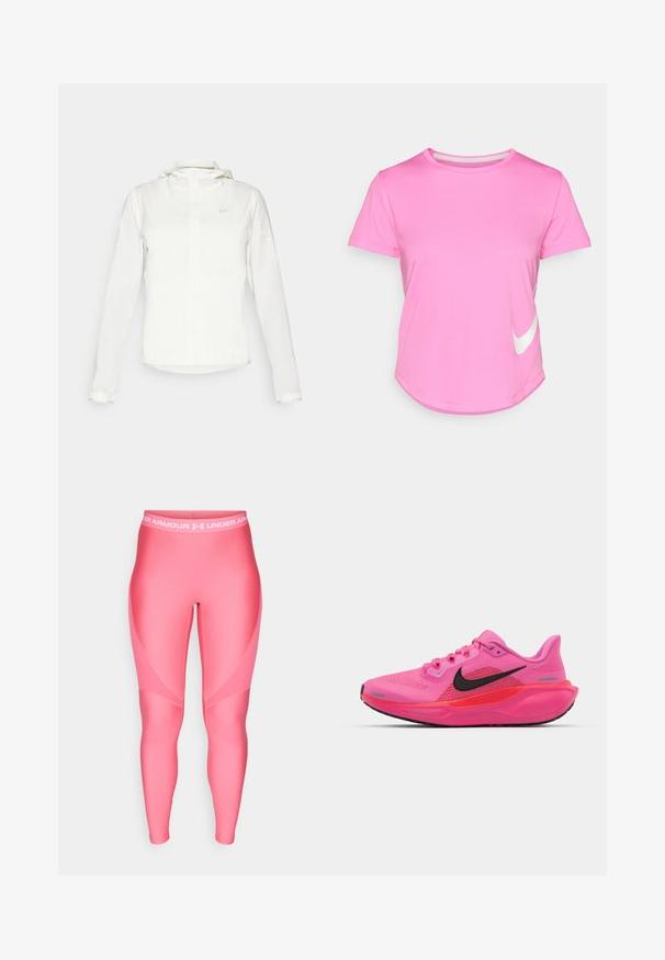 Valkoinen Nike-takki hupulla, täyspitkällä vetoketjulla, joustavilla hihansuilla ja hillityllä logolla rinnassa. Sujuva pinta ja kevyt muotoilu.; Vaaleanpunainen Nike-t-paita, jossa on lyhyet hihat, pyöristetty kaula-aukko, sileä pinta, valkoinen logo vasemmassa alareunassa ja kaareva helma.; Vaaleanpunaiset urheiluleggingsit, joissa on sileä pinta, varustettuna valkoisella joustovyöllä, jossa on "Under Armour" -logo ja kulmikkaita muotoiluyksityiskohtia.; Nike Performance AIR ZOOM PEGASUS 41 - Katujuoksukengät - playful pink/off noir/hyper pink/bright crimson/metallic silver