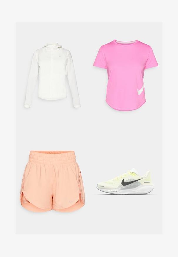Chaqueta blanca de Nike con capucha, cremallera completa, puños elásticos y un logo sutil en el pecho. Textura suave y diseño ligero.; Camiseta rosa de Nike de manga corta, con cuello redondo, textura suave, que presenta un logo blanco en la parte inferior izquierda y un dobladillo curvado.; Shorts deportivos de color melocotón con una cinturilla fruncida, aberturas laterales y un logo reflectante de Nike en la parte inferior izquierda. Tejido ligero.; Zapatillas de correr Nike con una parte superior de malla en amarillo claro y blanco, detalles en gris y una suela de goma flexible. Cuenta con un cierre de cordones.