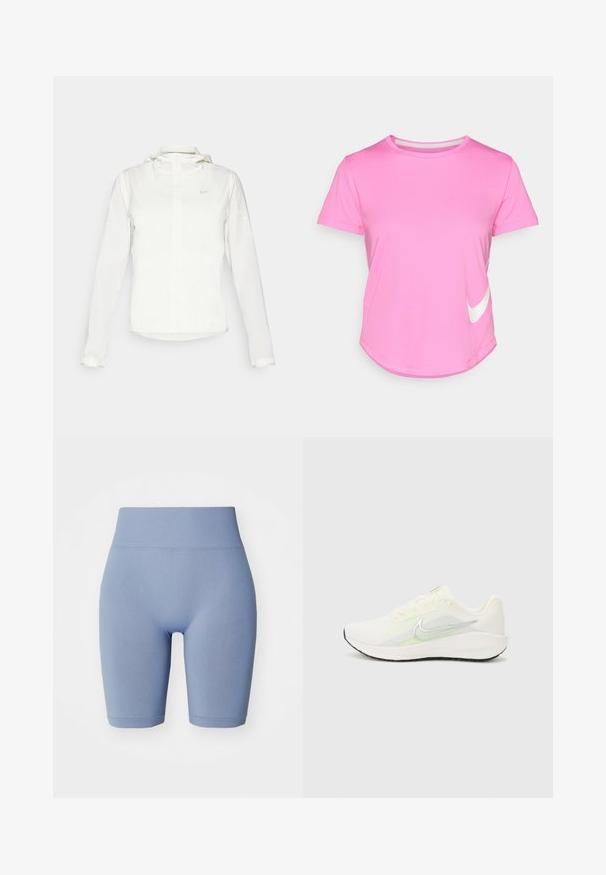 Veste blanche Nike avec capuche, fermeture éclair intégrale, poignets élastiques et un logo discret sur la poitrine. Texture lisse et design léger.; T-shirt Nike rose à manches courtes, col rond, texture lisse, avec un logo blanc sur le bas à gauche et un ourlet incurvé.; Shorts de vélo bleu clair avec une taille élastique haute. Texture lisse, design ajusté et longueur mi-cuisse. Pas de motifs ni d'accents.; Nike Performance DOWNSHIFTER 13 - Chaussures de running sur route - sail/silver-coloured photon dust/summit white/barely volt/black