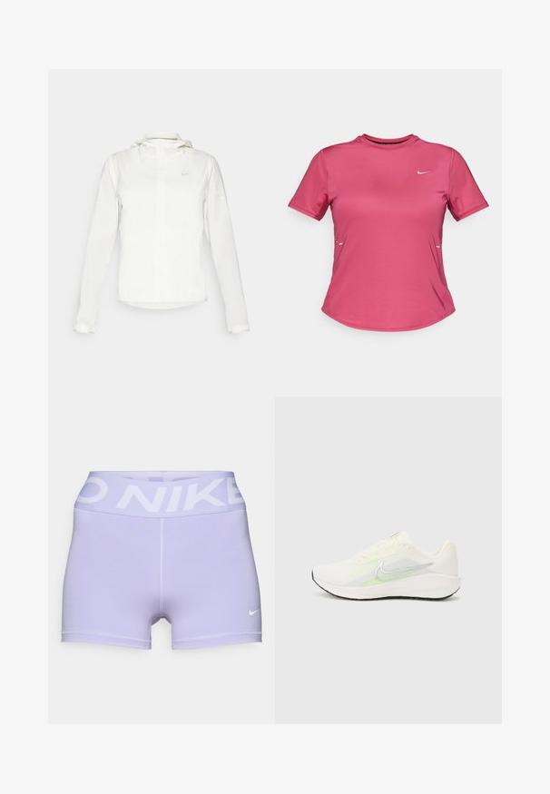 Casaco branco da Nike com capuz, fecho completo, punhos elásticos e um logótipo subtil no peito. Textura suave e design leve.; Camiseta de desporto de manga curta em tecido rosa brilhante com decote redondo, apresentando um pequeno logótipo branco no peito e um design minimalista.; Calções atléticos roxos feitos de material elástico. Apresentam uma faixa larga na cintura com "NIKE" impresso em branco e um pequeno logo branco na perna.; Nike Performance DOWNSHIFTER 13 - Sapatos para corrida em estrada - sail/silver-coloured photon dust/summit white/barely volt/black