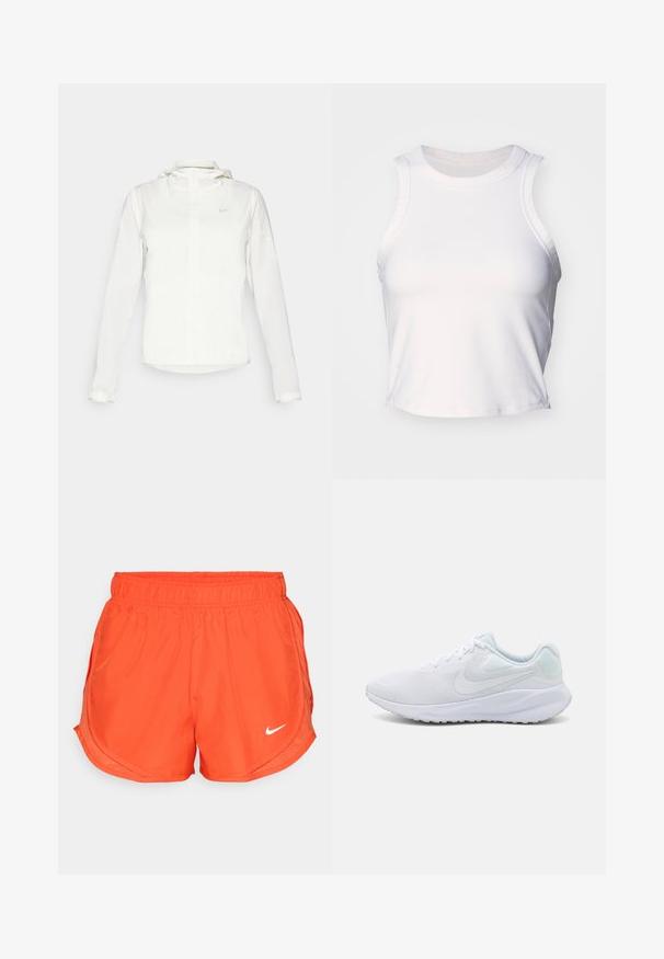 Giacca Nike bianca con cappuccio, zip completa, polsini elasticizzati e un logo discreto sul petto. Texture liscia e design leggero.; Top corto bianco senza maniche realizzato in un tessuto liscio e elasticizzato. Presenta un collo rotondo e sottili dettagli di cucitura lungo i bordi.; Pantaloni corti atletici arancioni con una cintura elastica, fessure laterali e un logo Nike bianco sul davanti. Realizzati in un tessuto liscio e leggero.; Scarpe da ginnastica bianche con upper in mesh, design testurizzato, punta arrotondata, colletto imbottito e dettagli azzurri chiari sul tallone. Suola in gomma.