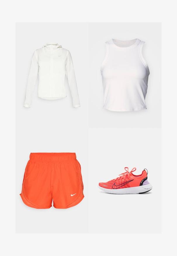 Hvit Nike-jakke med hette, hel glidelås, elastiske mansjetter og en diskret logo på brystet. Glatt tekstur og lett design.; Hvit ermeløs crop top laget av glatt, elastisk stoff. Har en rund halslinning og subtile sømdetaljer langs kantene.; Oransje treningsshorts med elastisk midje, sidesplitt og hvit Nike-logo på fronten. Laget av et glatt, lett stoff.; Lyse korallfarge løpesko med svarte og lilla detaljer, hvit såle, Nike swoosh-logo og knyttede lisser, sett fra siden mot en ensfarget bakgrunn.