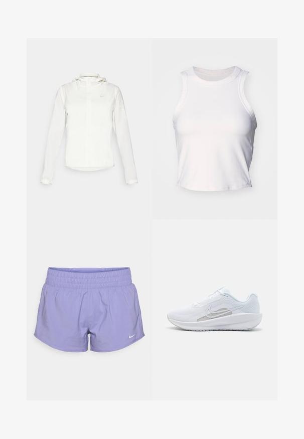 White Nike jacket with a hood, full zip, elastic cuffs, and a subtle logo on the chest. Smooth texture and lightweight design.; White sleeveless crop top made of smooth, stretchy fabric. Features a rounded neckline and subtle stitching details along the edges.; Purple athletic shorts with an elastic waistband, made from lightweight fabric, featuring a small white Nike logo on the lower front.; White athletic shoe with mesh upper, rounded toe, and textured sole. Features a silver Nike swoosh and minimalistic design.