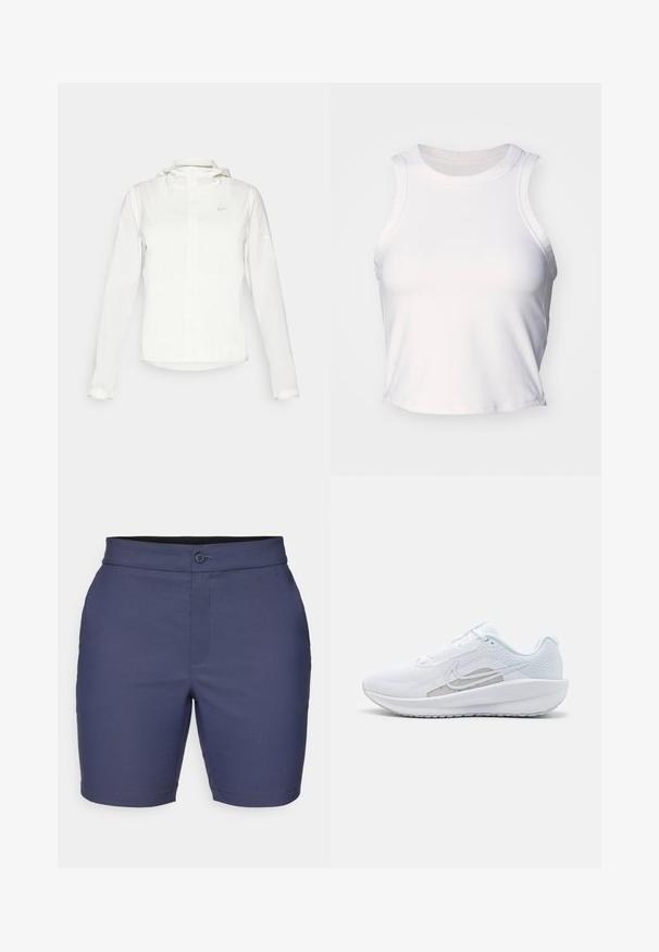 Balta Nike striukė su gobtuvu, pilnu užtrauktuku, elastingomis rankovėmis ir subtiliu logotipu ant krūtinės. Sklandi tekstūra ir lengvas dizainas.; Baltas be rankovių trumpas viršus, pagamintas iš lygaus, tampraus audinio. Turi apvalią iškirptę ir subtilius siuvinėjimo elementus aplink kraštus.; Tamsiai mėlynos šortai, pagaminti iš glotnaus audinio, su mygtuko uždarymu, diržo kilpos ir pritaikytu siluetu su švaria apdaila.; Baldas sportinis batelis su tinkleliu viršuje, apvaliu toe ir tekstūruota padais. Pabrėžia sidabrinį Nike swoosh ir minimalistinį dizainą.