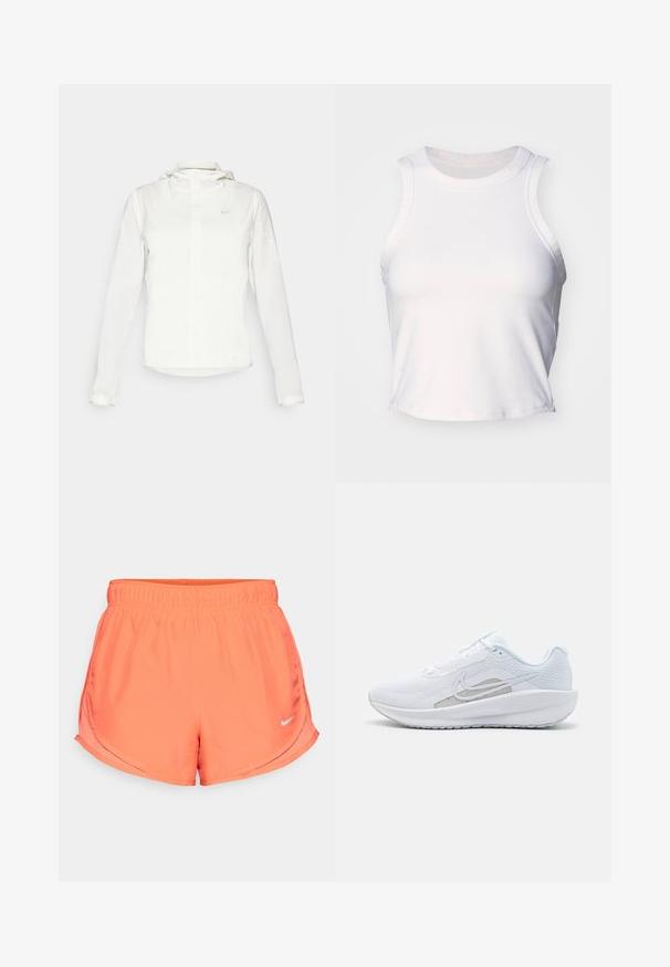 Hvit Nike-jakke med hette, hel glidelås, elastiske mansjetter og en diskret logo på brystet. Glatt tekstur og lett design.; Hvit ermeløs crop top laget av glatt, elastisk stoff. Har en rund halslinning og subtile sømdetaljer langs kantene.; Koral Nike-shorts har en elastisk midje, sidesplitt for bevegelighet og en liten sølvlogo nederst til høyre. Slitesterkt, lett stoff.; Hvit sportssko med mesh-overdel, rund tå og teksturert såle. Har en sølvfarget Nike swoosh og et minimalistisk design.