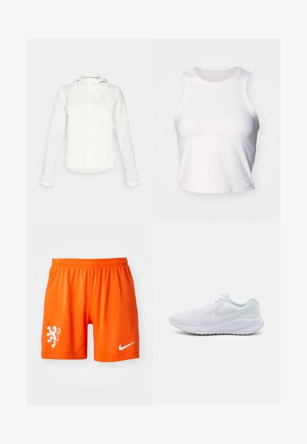 Chaqueta blanca de Nike con capucha, cremallera completa, puños elásticos y un logo sutil en el pecho. Textura suave y diseño ligero.; Top corto sin mangas blanco hecho de una tela suave y elástica. Presenta un escote redondeado y detalles de costura sutiles a lo largo de los bordes.; Pantalones cortos deportivos naranjas con una cinturilla elástica, que presentan un logotipo de león blanco en la pierna izquierda y un swoosh blanco de Nike en la derecha.; Zapatillas deportivas blancas con parte superior de malla, diseño texturizado, puntera redonda, cuello acolchado y acentos en azul claro en el talón. Suela de goma.