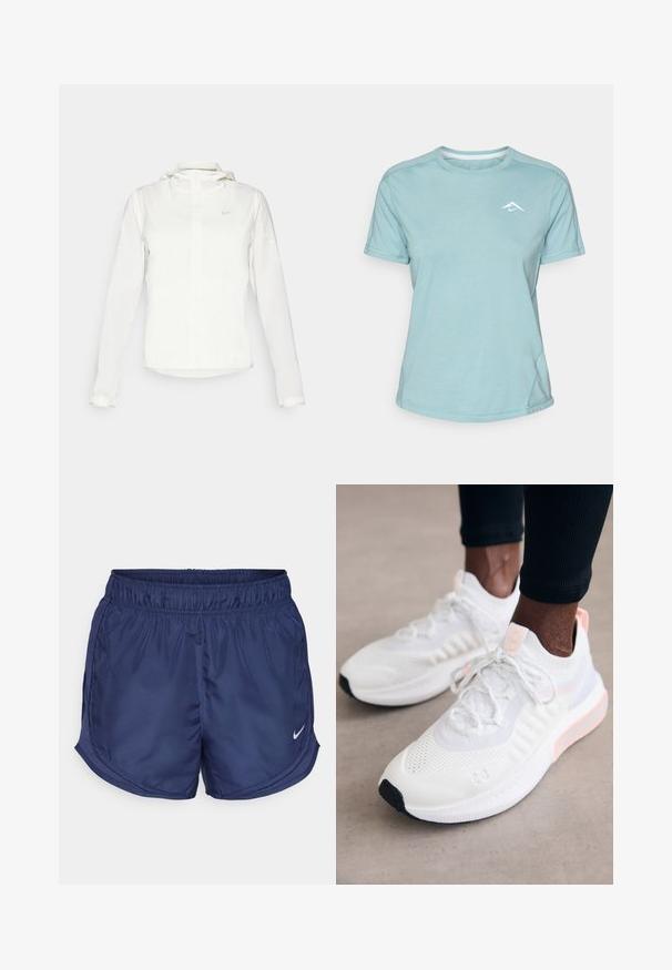 Bijela Nike jakna s kapuljačom, punim zatvaračem, elastičnim manžetama i suptilnim logotipom na prsima. Glatka textura i lagan dizajn.; Svijetloplava majica kratkih rukava od mekanog materijala, s okruglim izrezom i malim bijelim logotipom na prsima. Prikazane su šavove.; Mornarsko sportske kratke hlače s elastičnom centralnim pojasom i bočnim mrežastim panelima. Sadrže mali bijeli Nike logo na donjoj lijevoj strani.; Under Armour PHANTOM 4 - Tenisice - white