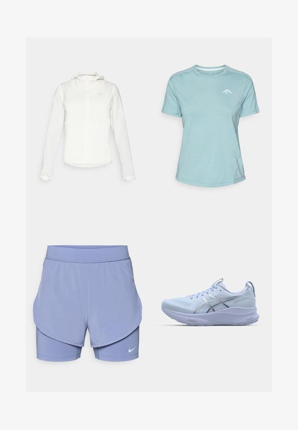 Casaco branco da Nike com capuz, fecho completo, punhos elásticos e um logótipo subtil no peito. Textura suave e design leve.; T-shirt de manga curta azul claro, feito de tecido suave, com um decote redondo e um pequeno logo branco no peito. Detalhes das costuras visíveis.; Calças curtas Nike em lilás claro, apresentando um design em camadas com um forro interior ajustado e uma parte exterior folgada. Cintura elástica para conforto.; Sapatilha de corrida azul clara com parte superior em malha, detalhes prateados refletivos, sola acolchoada e sola de borracha texturizada para aderência.