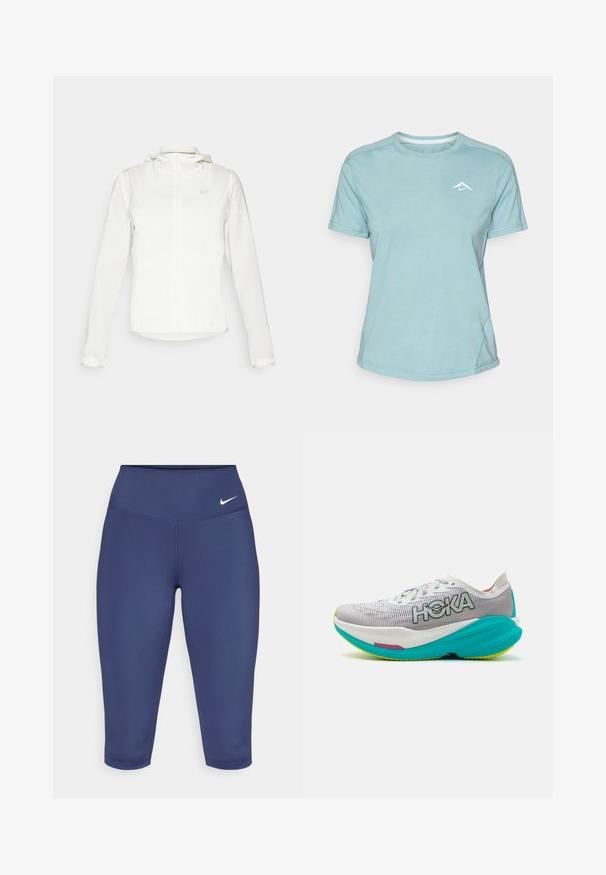 White Nike jacket with a hood, full zip, elastic cuffs, and a subtle logo on the chest. Smooth texture and lightweight design.; Light blue short-sleeve t-shirt made of soft fabric, featuring a round neckline and a small white logo on the chest. Seam detailing visible.; Navy blue capri leggings made of stretch fabric, featuring a wide waistband and a small white logo on the left side. No visible seams.; Running shoes with a white and grey breathable mesh upper, bright turquoise sole, and HOKA branding. Features a cushioned design with accents.