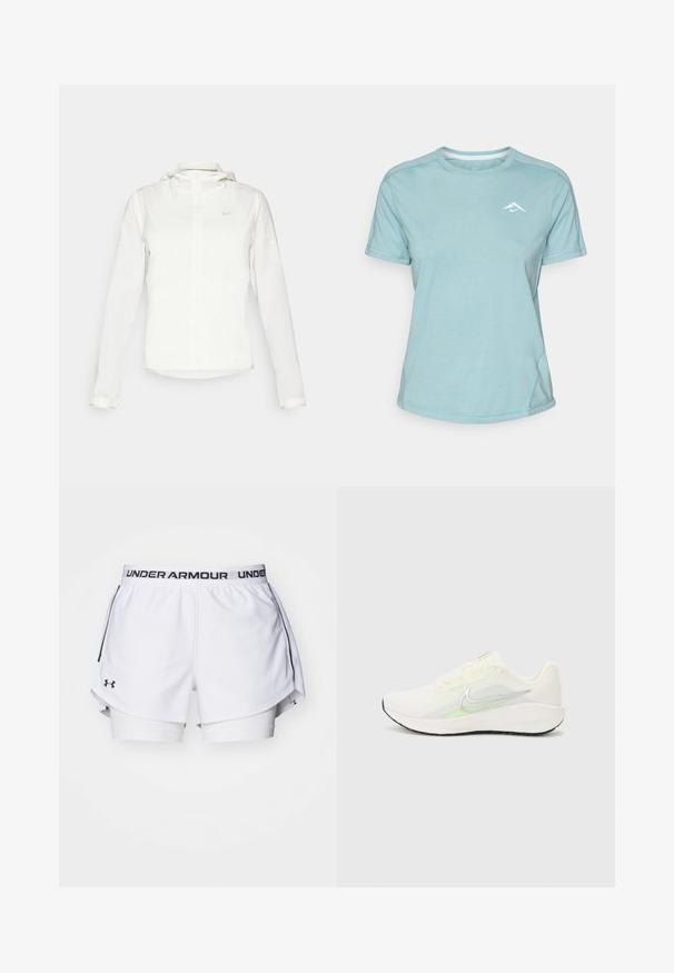 Casaco branco da Nike com capuz, fecho completo, punhos elásticos e um logótipo subtil no peito. Textura suave e design leve.; T-shirt de manga curta azul claro, feito de tecido suave, com um decote redondo e um pequeno logo branco no peito. Detalhes das costuras visíveis.; Calções atléticos brancos com o logo preto da Under Armour na cintura. Apresentam um design em camadas com um forro interior e aberturas laterais para maior mobilidade.; Nike Performance DOWNSHIFTER 13 - Sapatos para corrida em estrada - sail/silver-coloured photon dust/summit white/barely volt/black
