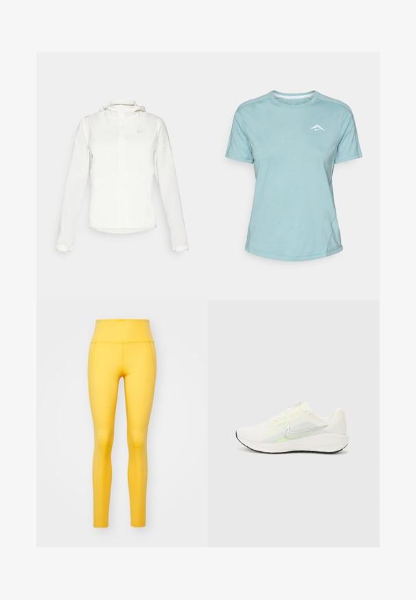 Balta Nike jaka ar kapuci, pilna rāvējslēdzēja, elastīgām piedurknēm un diskrētu logotipu uz krūšu daļas. Gluda tekstūra un viegla konstrukcija.; Gaiši zils īsām piedurknēm T-krekls, izgatavots no mīksta auduma, ar apaļu dekoltē un mazu baltu logo uz krūšu daļas. Redzamas šuvju detaļas.; Girlfriend Collective COMPRESSIVE HIGH RISE LEGGING LONG - Legingi - golden glow; Nike Performance DOWNSHIFTER 13 - Apavi skriešanai pa asfaltu - sail/silver-coloured photon dust/summit white/barely volt/black