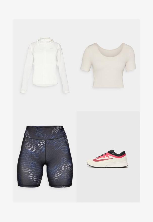 Balta Nike jaka ar kapuci, pilna rāvējslēdzēja, elastīgām piedurknēm un diskrētu logotipu uz krūšu daļas. Gluda tekstūra un viegla konstrukcija.; Īsām piedurknēm, apgriezts tops vieglā bēšā ribota auduma. Tam ir plaša apaļā izgriezuma kakla līnija un pieguloša piegriezuma forma, izceļot gludu tekstūru.; Augstās jostas melnie šorti, kas izgatavoti no stiepšanās auduma un ar viļņotu zilu un sudraba rakstu. Gluda tekstūra ar kontrastējošiem šuvju elementiem.; Skriešanas apavi ar krēmveida augšdaļu, sarkaniem un melniem akcentiem, kā arī teksturētu virsmu. Piedāvā melnas auklas un polsterētu zolīti ērtībai.