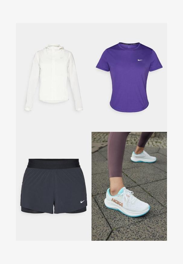 Casaco branco da Nike com capuz, fecho completo, punhos elásticos e um logótipo subtil no peito. Textura suave e design leve.; T-shirt atlético roxo feito de tecido que absorve a humidade, com mangas curtas e decote redondo. Pequeno logotipo branco no peito.; Calças curtas de atletismo pretas com um cós elástico, apresentando um design em camadas e um pequeno logótipo da Nike em branco no canto inferior esquerdo. Material leve.; HOKA RINCON 4 - Sapatos para corrida em estrada - frost/rose gold
