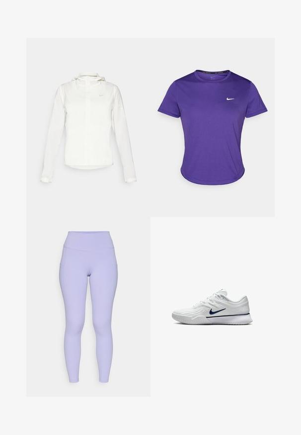 Giacca Nike bianca con cappuccio, zip completa, polsini elasticizzati e un logo discreto sul petto. Texture liscia e design leggero.; T-shirt sportivo viola realizzato in tessuto traspirante, con maniche corte e collo a giro. Piccolo logo bianco sul petto.; Leggings viola chiaro con vita alta, realizzati in un materiale elasticizzato. Presentano due tasche laterali e cuciture lisce per garantire comfort.; Scarpa sportiva bianca con tomaia in mesh testurizzato, accenti blu navy e suola imbottita con una superficie di presa a motivo. Lacci integrati nel design.