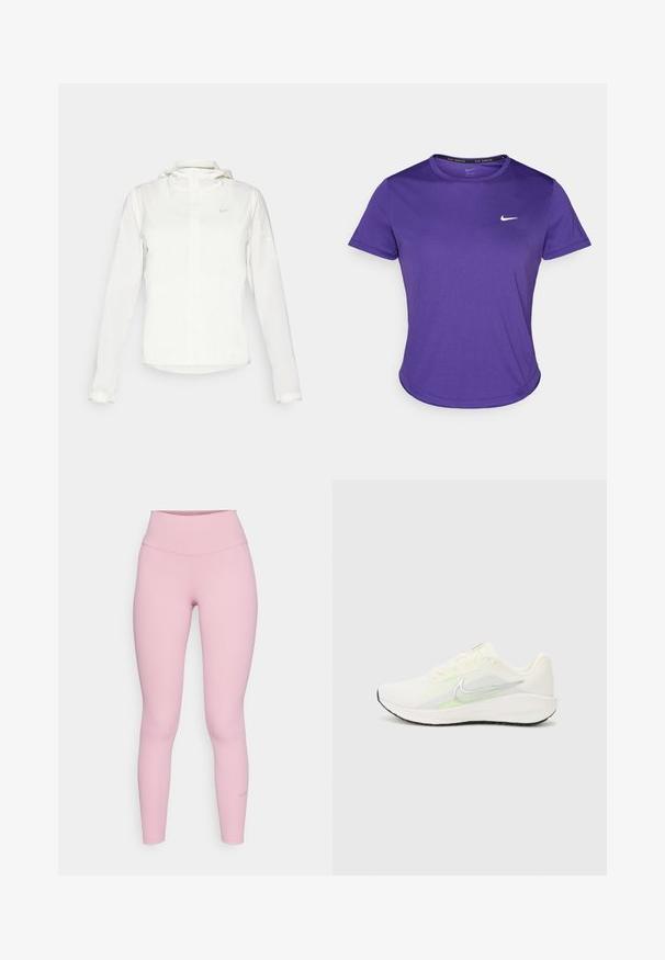 Vit Nike-jacka med huva, hel dragkedja, elastiska ärmslutar och en diskret logotyp på bröstet. Slät textur och lätt design.; Lila atletisk t-shirt tillverkad av fukttransporterande tyg, med korta ärmar och rundad halsringning. Litet vitt logotyp på bröstet.; Rosa leggings med hög midja, tillverkade av ett glatt, elastiskt material. Har en liten logotypdetalj nära vristerna. Strömlinjeformad design.; Nike Performance DOWNSHIFTER 13 - Väglöparskor - sail/silver-coloured photon dust/summit white/barely volt/black